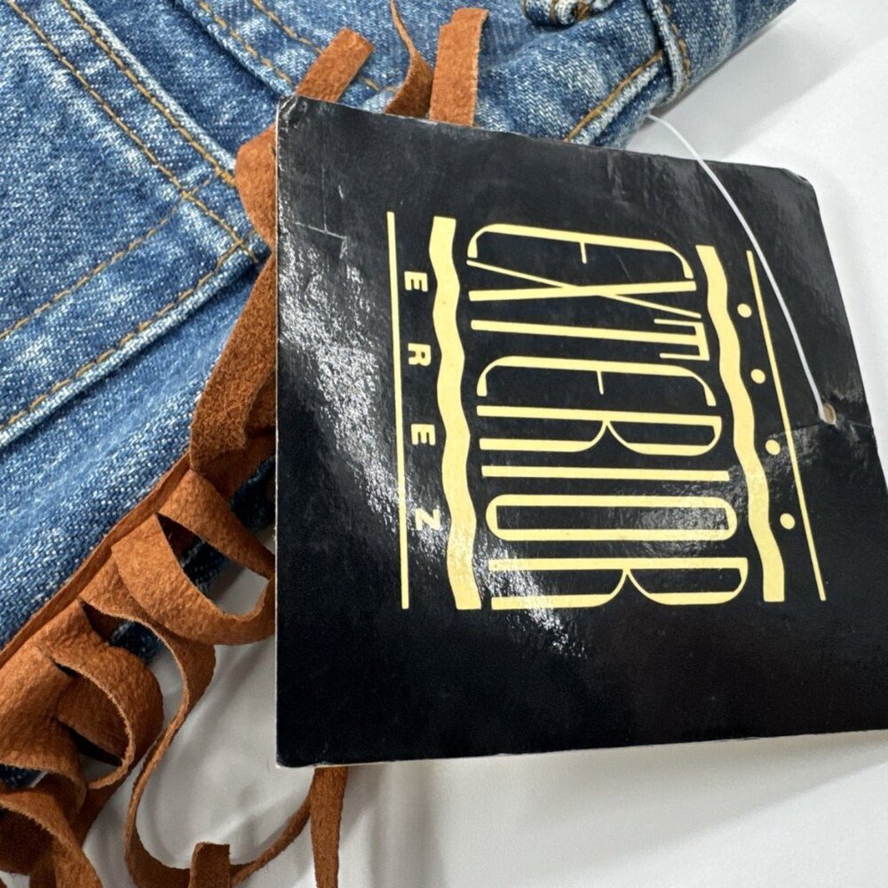 Vintage Leather Fringe Trim Jeans Mens 32x30 Blue Denim Tapered High Waist NWT - Picture 6 of 9